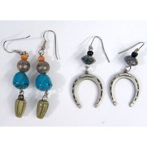 Lot of 2 VTG Southwest Turquoise Handmade Dangle Earrings Horseshoe Silver Boho